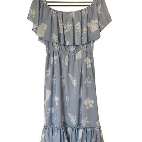 GIANNI BINI Blue and White Ruffled Off-Shoulder Midi Sundress - Picture 2 of 3